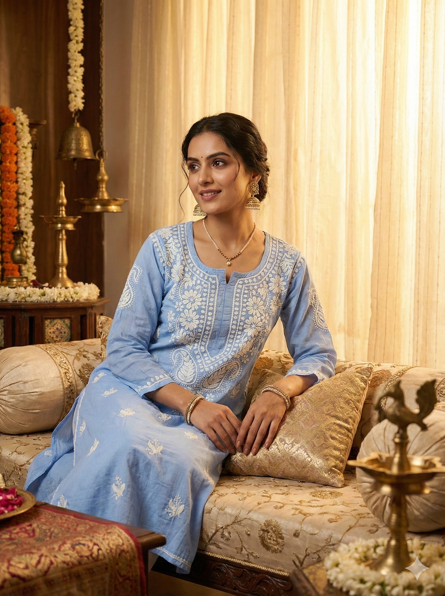 Sky Blue Modal Chikankari Kurti for Women | Handcrafted Lucknowi Embroidered Kurta – Lucknow Best Chikankari