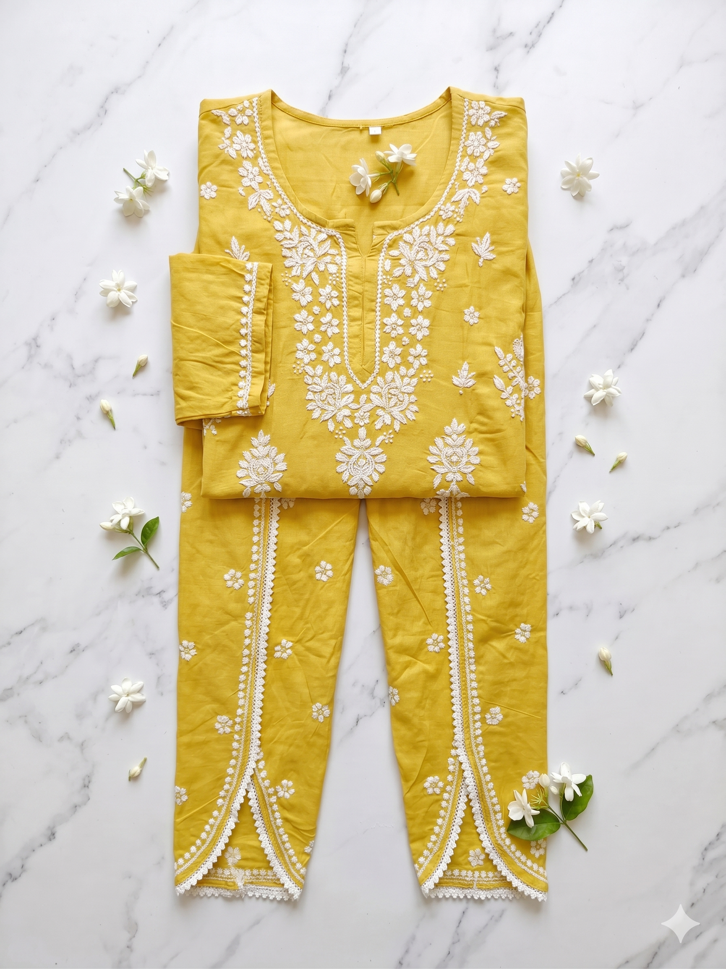 Authentic Mustard Yellow Handcrafted Chikankari Kurti & Salwar Set