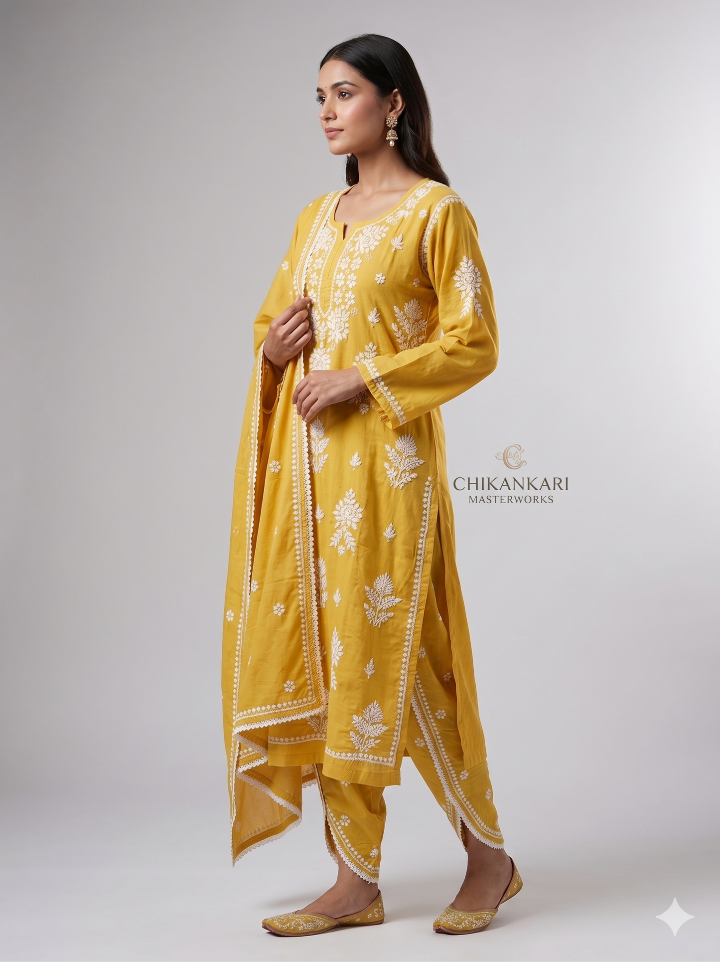 Authentic Mustard Yellow Handcrafted Chikankari Kurti & Salwar Set