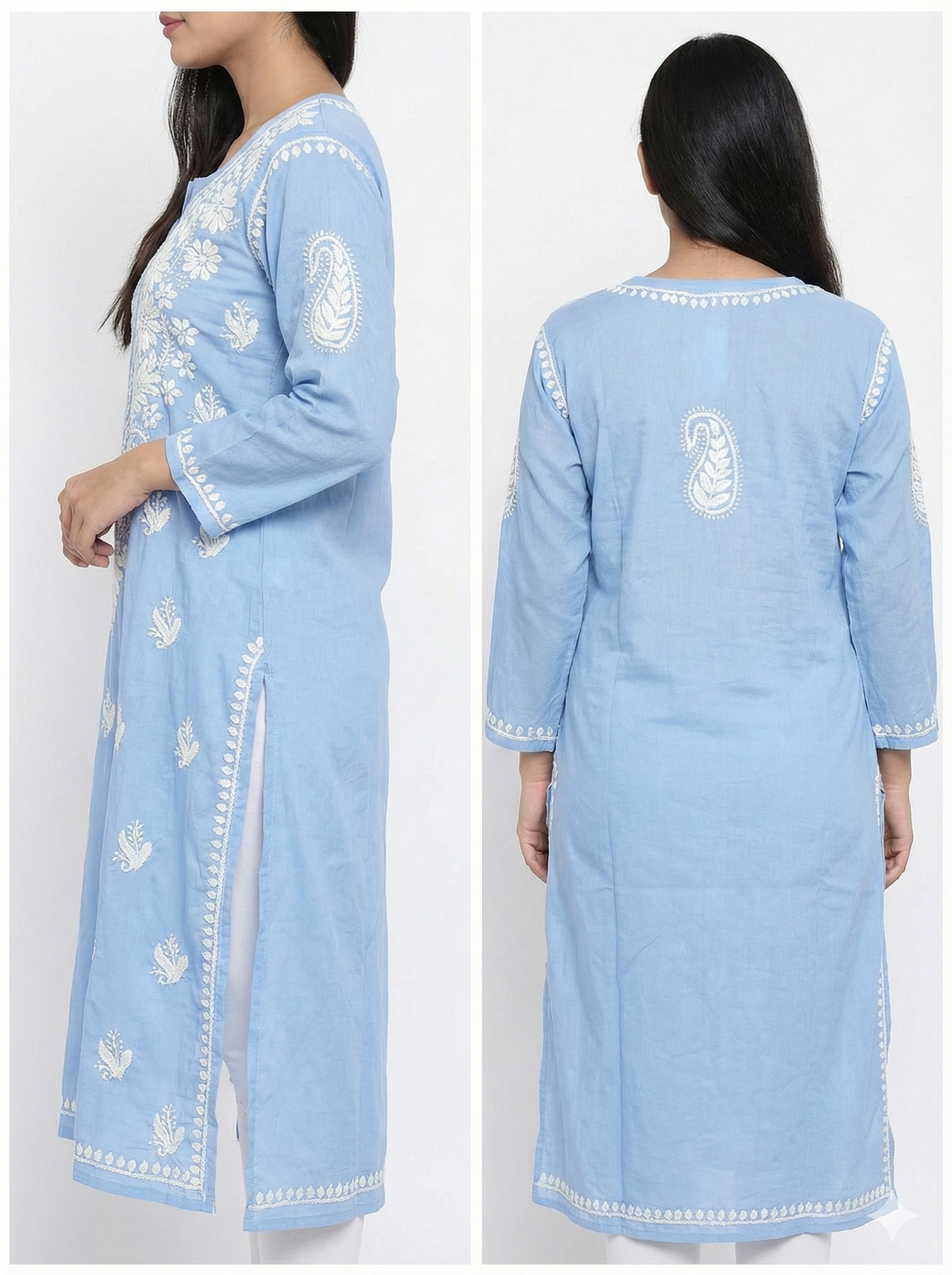Sky Blue Modal Chikankari Kurti for Women | Handcrafted Lucknowi Embroidered Kurta – Lucknow Best Chikankari