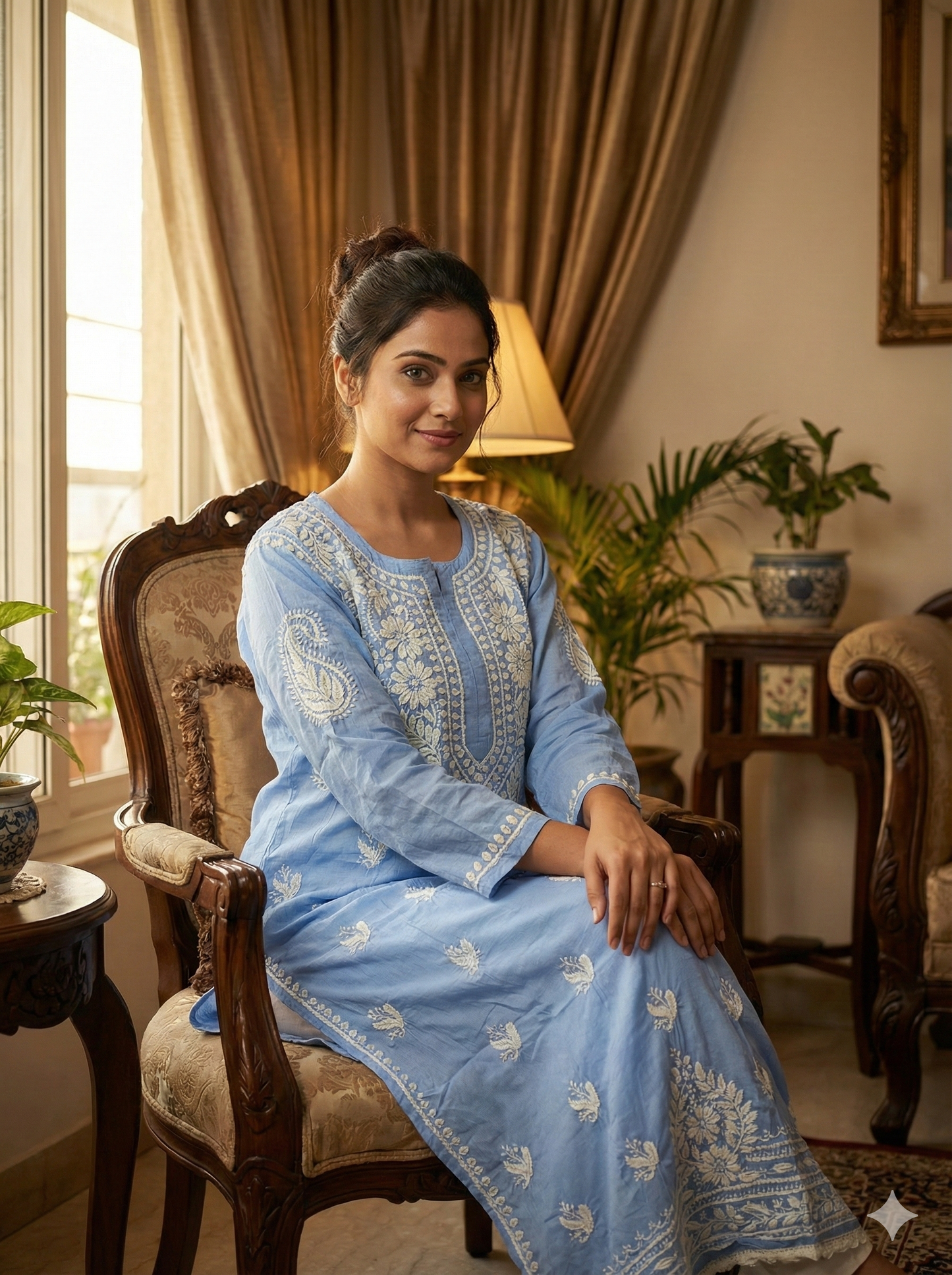 Sky Blue Modal Chikankari Kurti for Women | Handcrafted Lucknowi Embroidered Kurta – Lucknow Best Chikankari