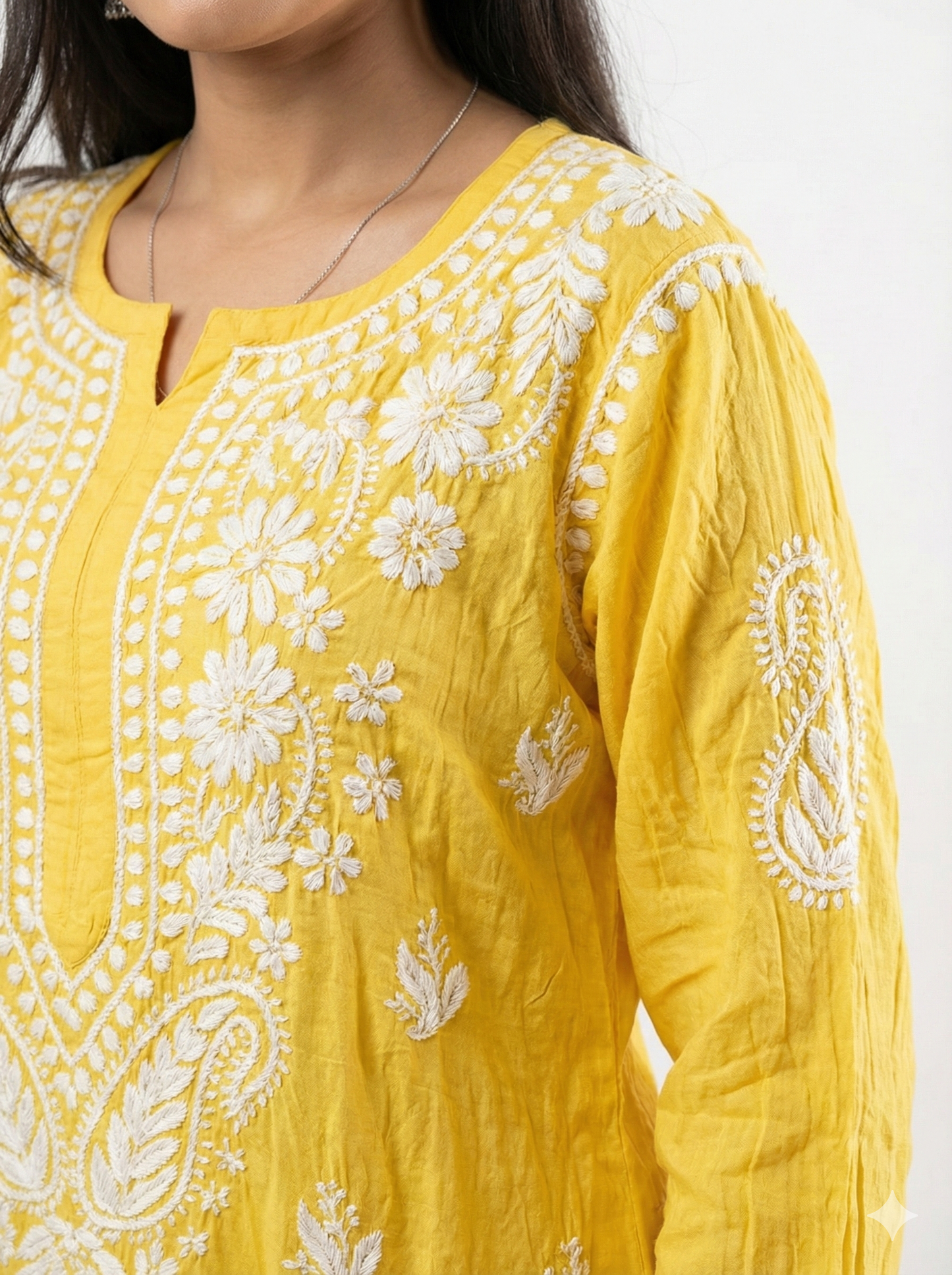 Yellow Modal Chikankari Kurti for Women – Hand Embroidered Lucknow Chikan Work