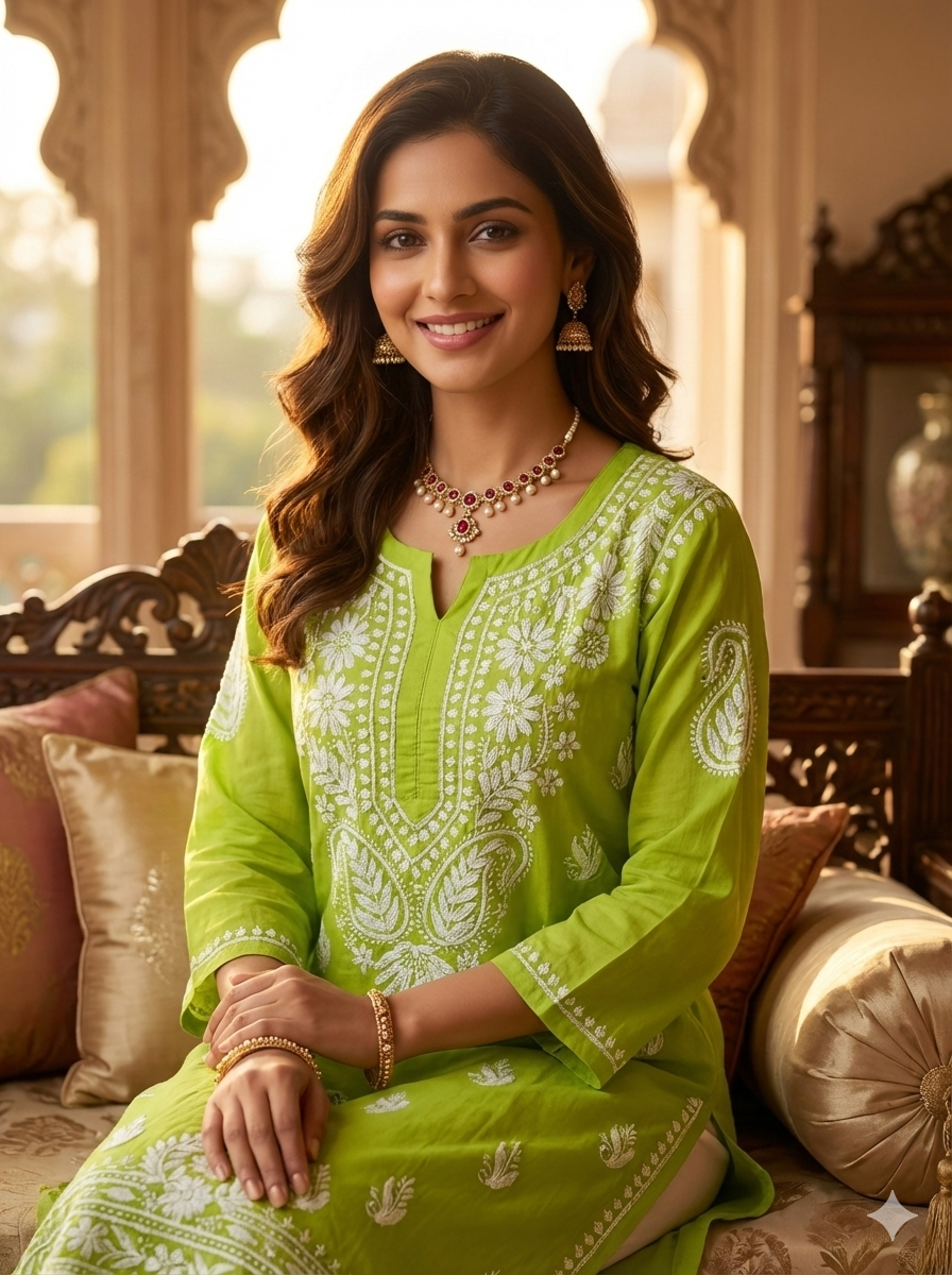 Green Lucknowi Chikankari Kurti for Women | Original Hand Embroidered Modal Kurti – Lucknow Best Chikankari
