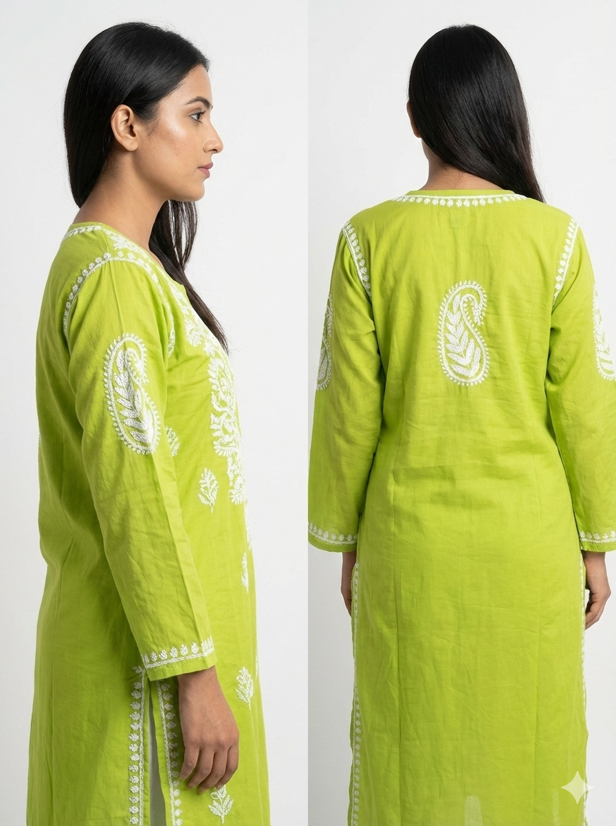 Green Lucknowi Chikankari Kurti for Women | Original Hand Embroidered Modal Kurti – Lucknow Best Chikankari