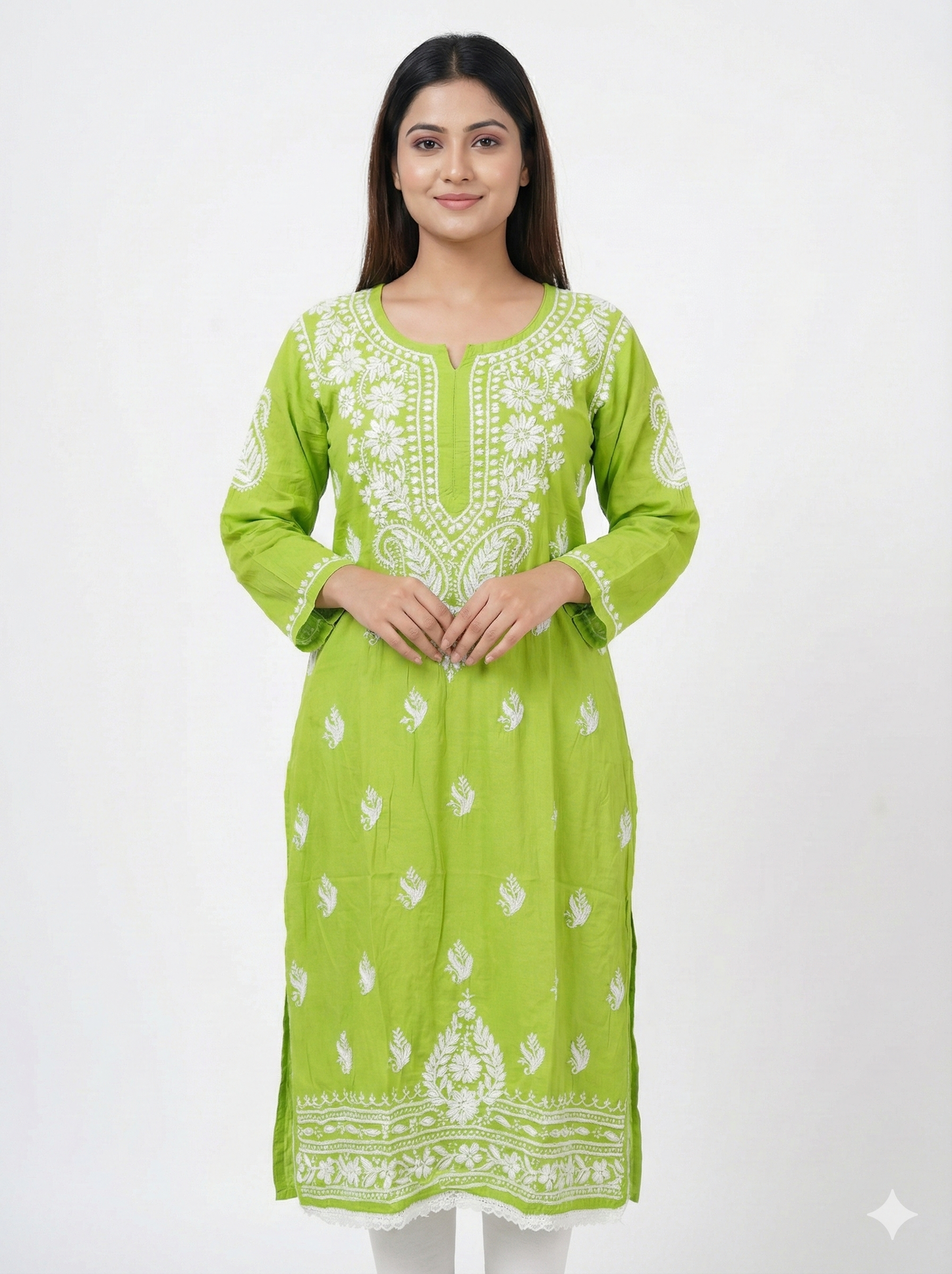 Green Lucknowi Chikankari Kurti for Women | Original Hand Embroidered Modal Kurti – Lucknow Best Chikankari