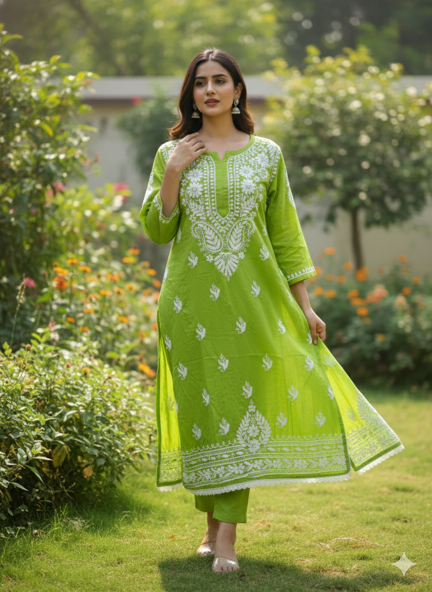 Green Lucknowi Chikankari Kurti for Women | Original Hand Embroidered Modal Kurti – Lucknow Best Chikankari