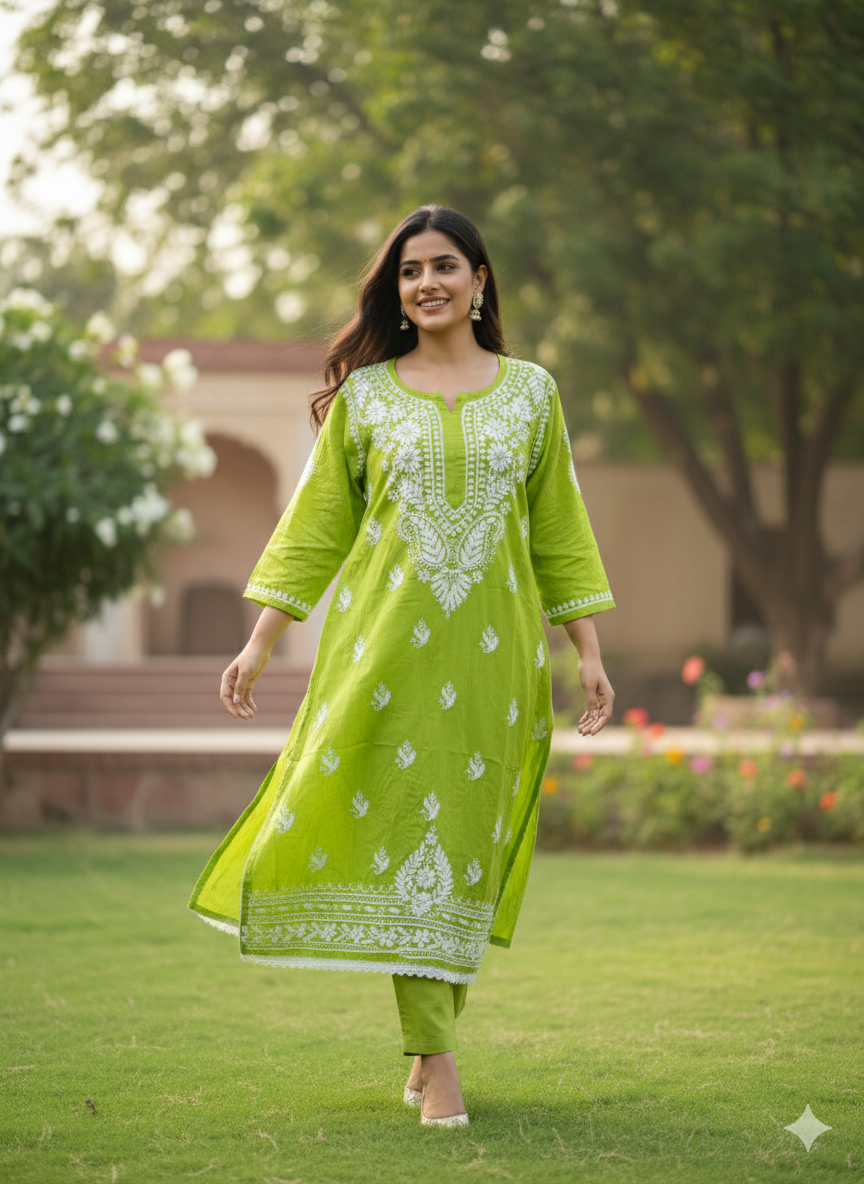 Green Lucknowi Chikankari Kurti for Women | Original Hand Embroidered Modal Kurti – Lucknow Best Chikankari