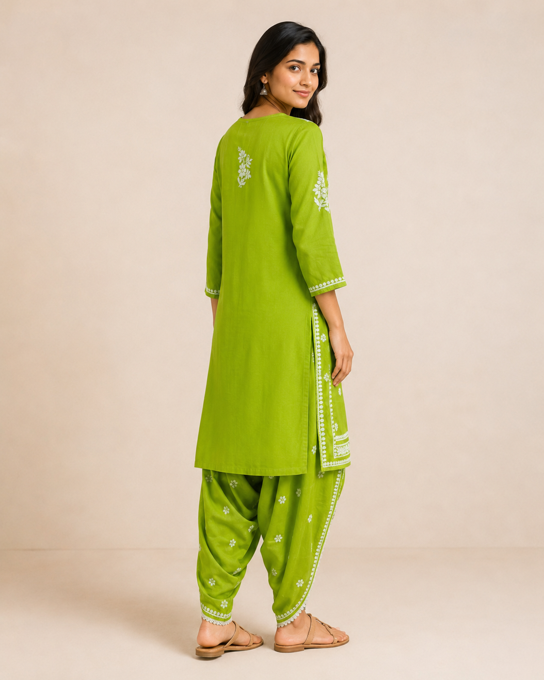 Lime Green Hand-Embroidered Chikankari Kurta with Patiala Pant Set
