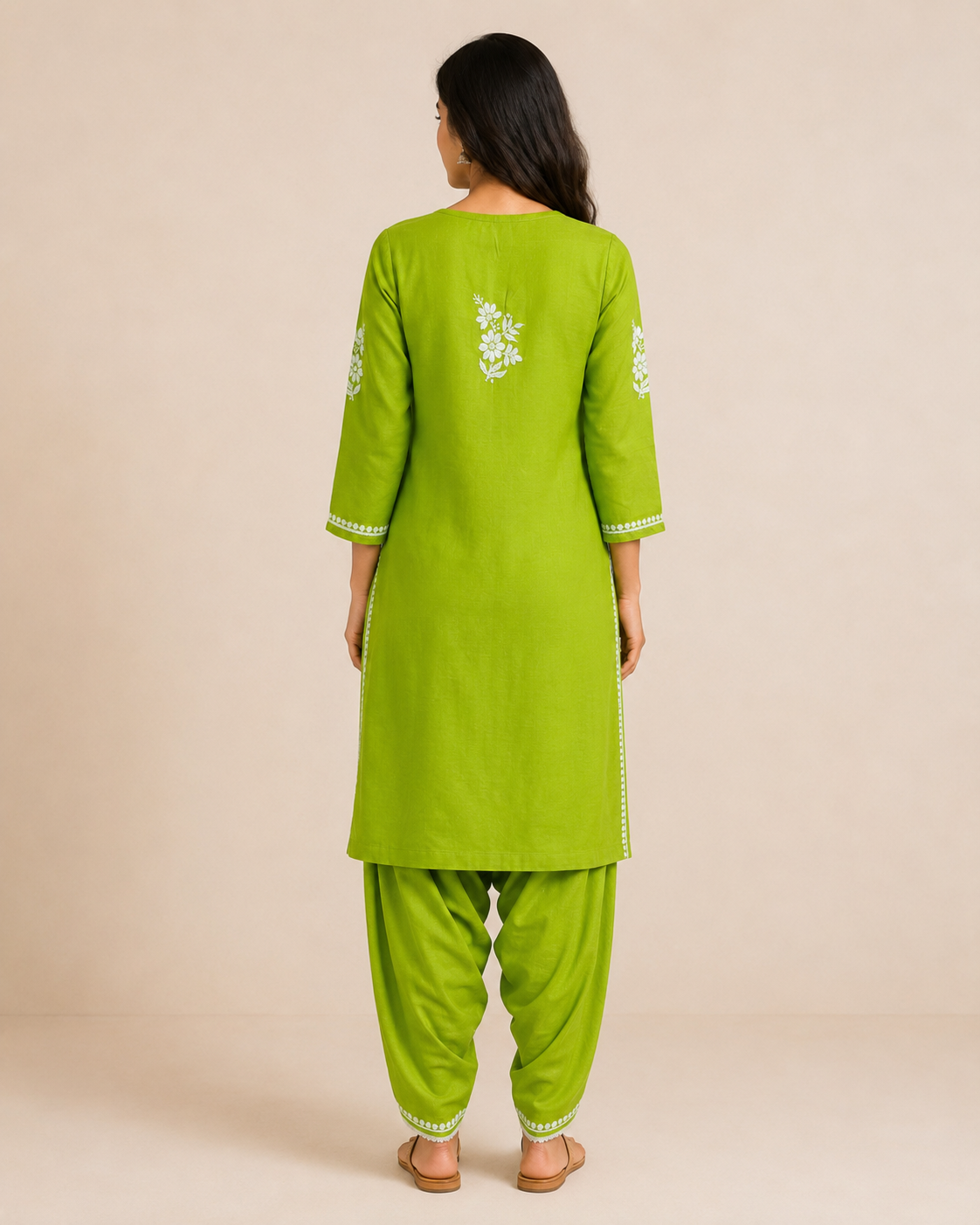 Lime Green Hand-Embroidered Chikankari Kurta with Patiala Pant Set