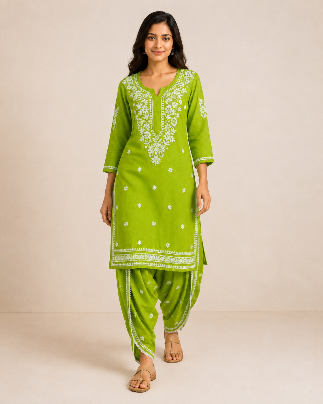 Lime Green Hand-Embroidered Chikankari Kurta with Patiala Pant Set