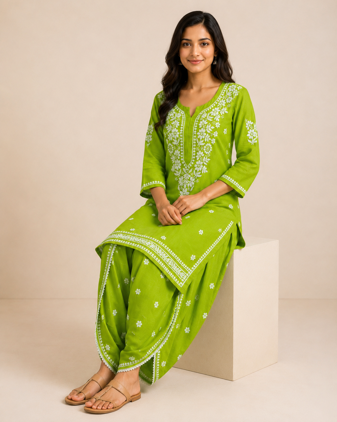 Lime Green Hand-Embroidered Chikankari Kurta with Patiala Pant Set