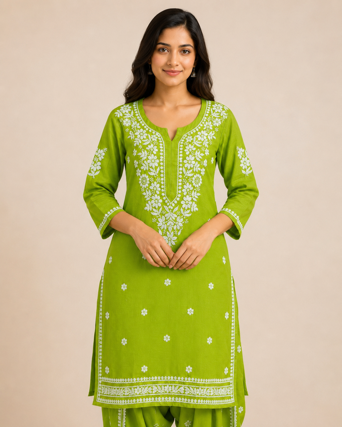 Lime Green Hand-Embroidered Chikankari Kurta with Patiala Pant Set