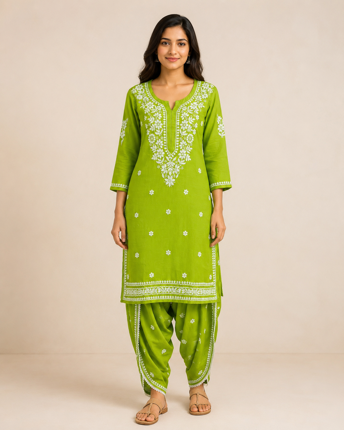 Lime Green Hand-Embroidered Chikankari Kurta with Patiala Pant Set