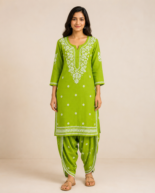 Lime Green Hand-Embroidered Chikankari Kurta with Patiala Pant Set