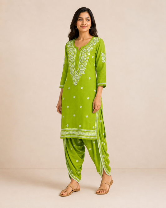 Lime Green Hand-Embroidered Chikankari Kurta with Patiala Pant Set