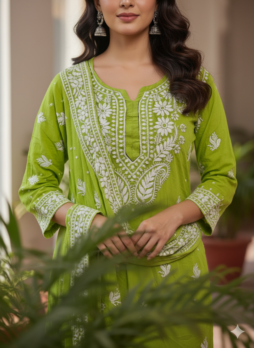 "Green Modal Chikankari Kurti with White Hand Embroidery | Lucknowi Ethnic Wear for Women"