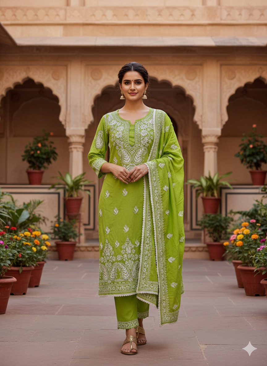"Green Modal Chikankari Kurti with White Hand Embroidery | Lucknowi Ethnic Wear for Women"