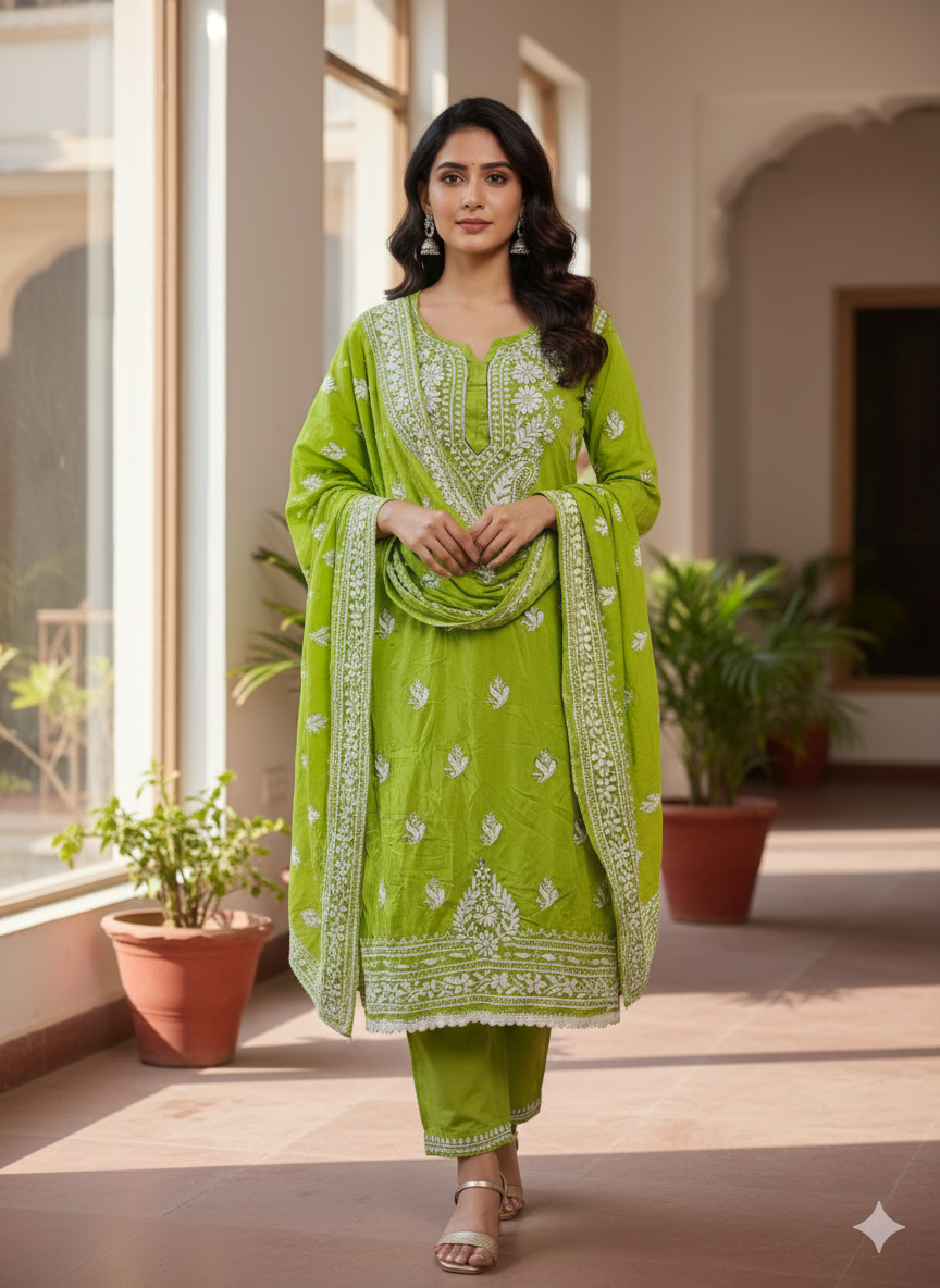 "Green Modal Chikankari Kurti with White Hand Embroidery | Lucknowi Ethnic Wear for Women"