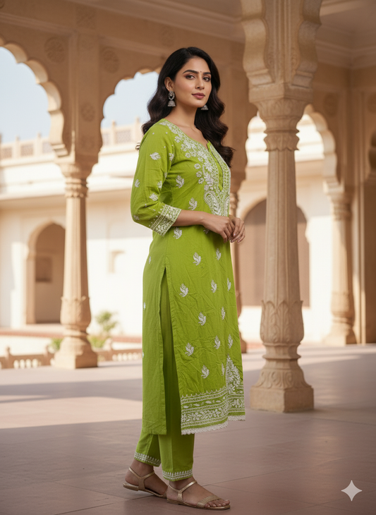 "Green Modal Chikankari Kurti with White Hand Embroidery | Lucknowi Ethnic Wear for Women"