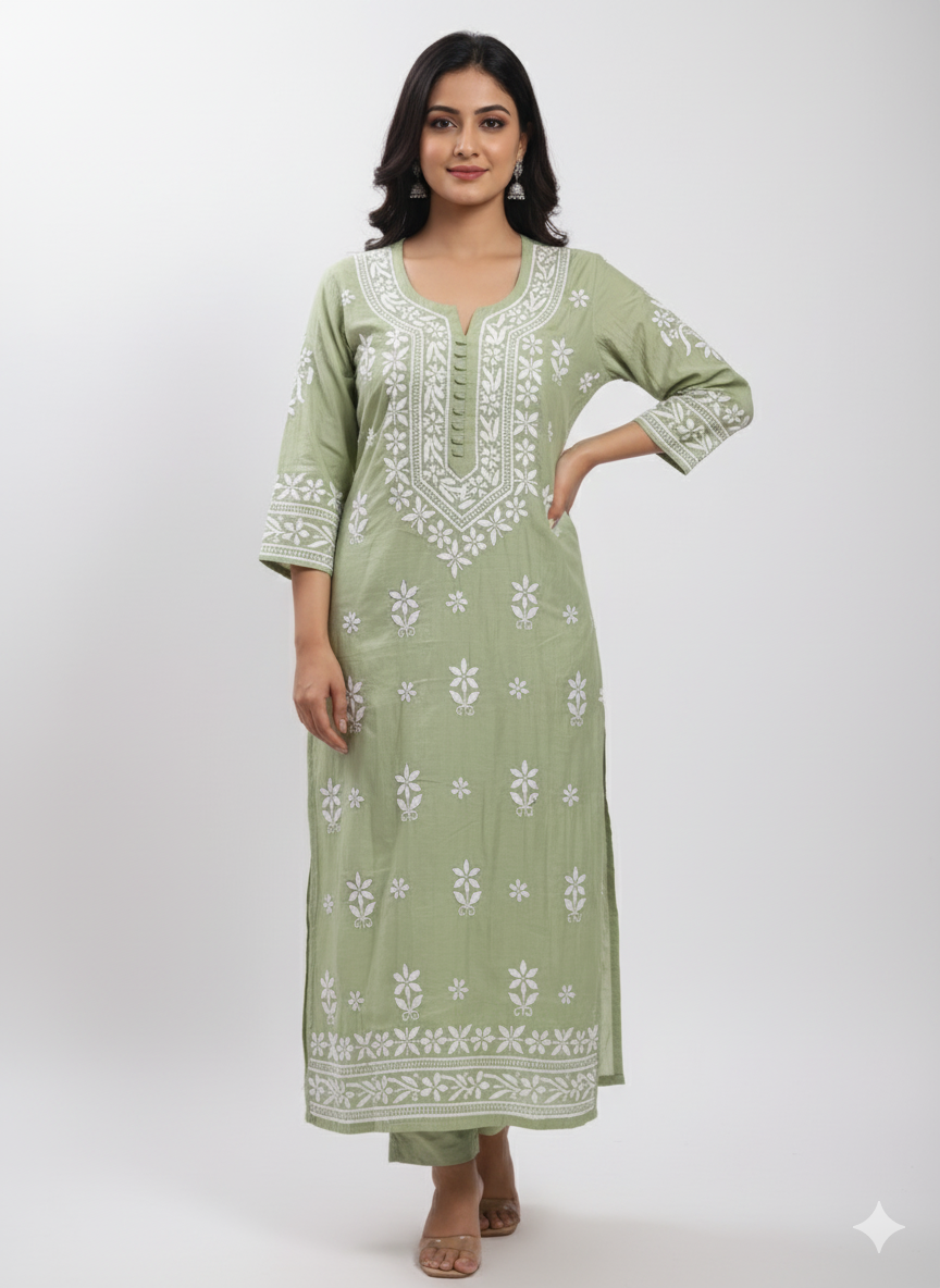 "Green Silk Chikankari Kurti with White Hand Embroidery | Lucknowi Ethnic Wear for Women"