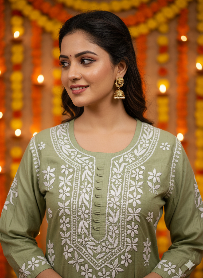 "Green Silk Chikankari Kurti with White Hand Embroidery | Lucknowi Ethnic Wear for Women"