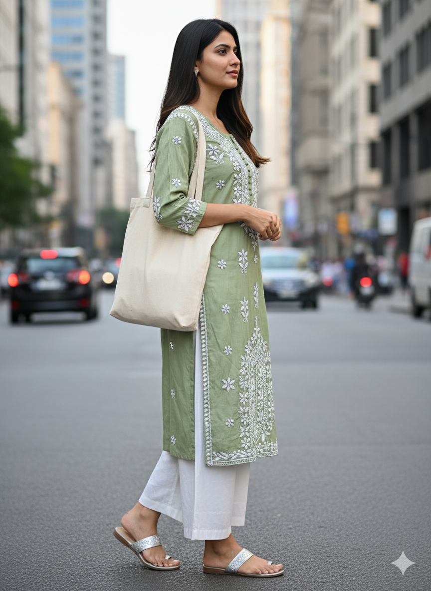 "Green Silk Chikankari Kurti with White Hand Embroidery | Lucknowi Ethnic Wear for Women"