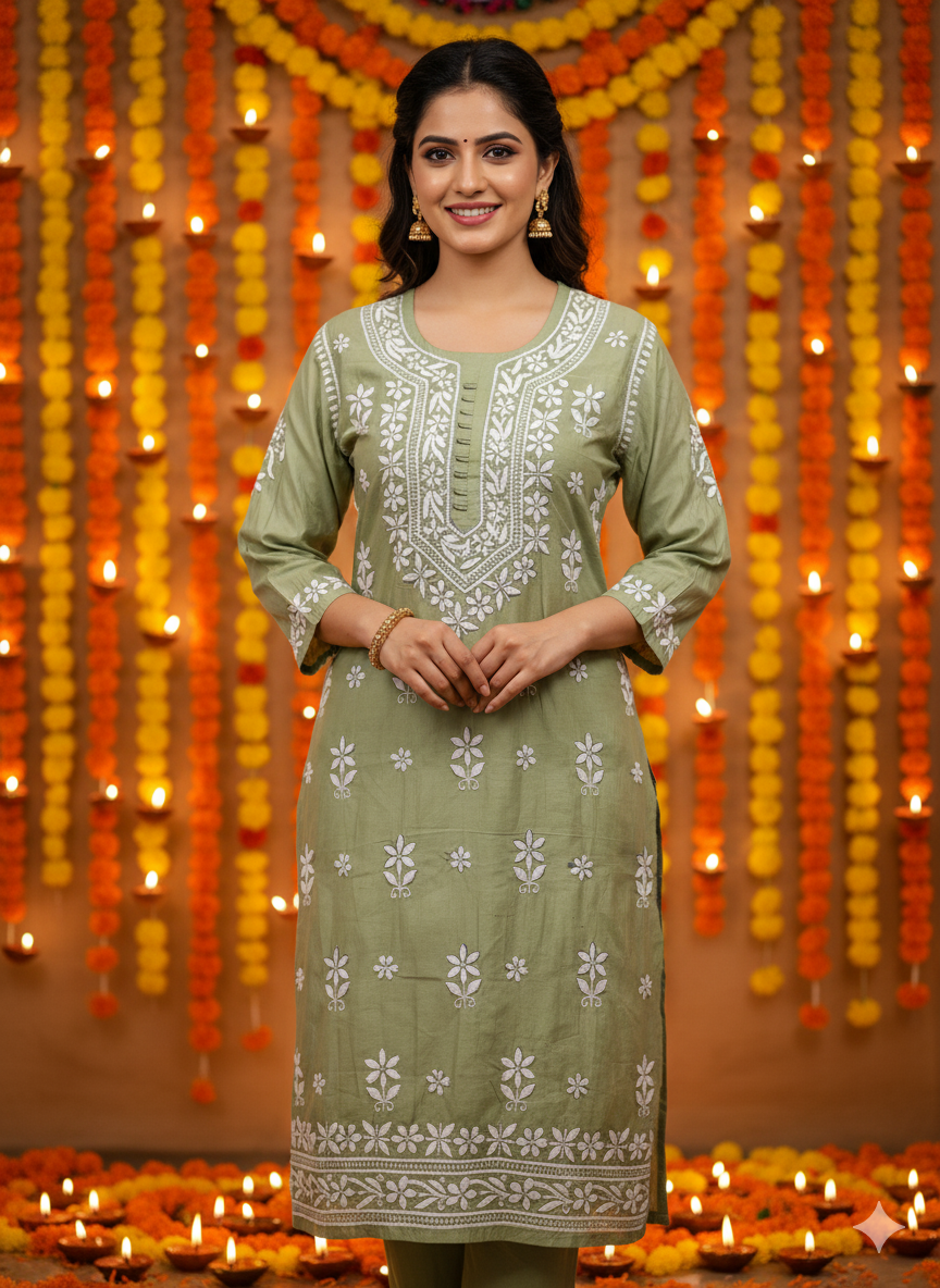 "Green Silk Chikankari Kurti with White Hand Embroidery | Lucknowi Ethnic Wear for Women"