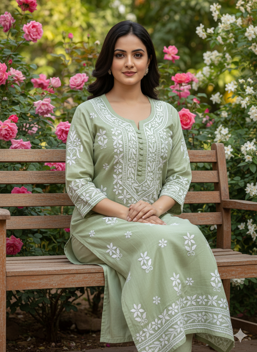 "Green Silk Chikankari Kurti with White Hand Embroidery | Lucknowi Ethnic Wear for Women"