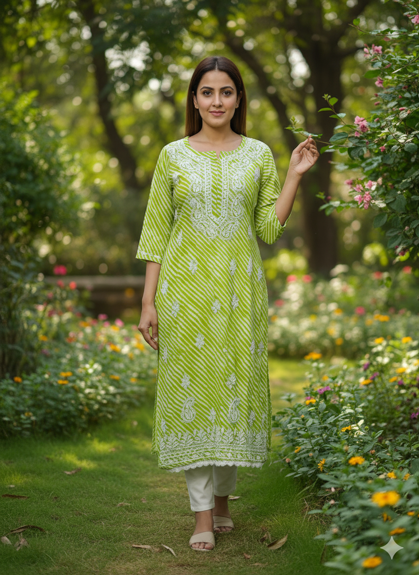 Women's Green & White Striped Chikankari Embroidered Cotton Kurti - 3/4 Sleeve Casual Kurta with Traditional Lucknowi Embroidery