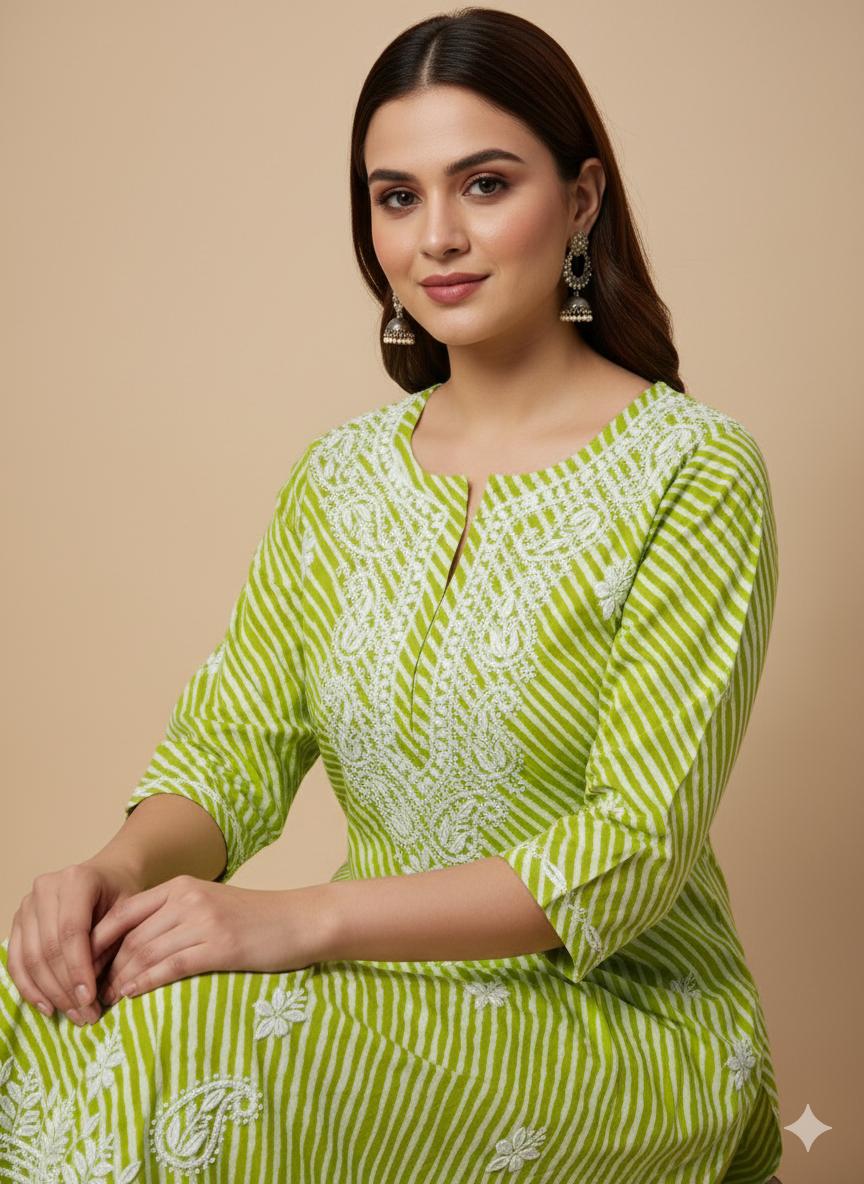 Women's Green & White Striped Chikankari Embroidered Cotton Kurti - 3/4 Sleeve Casual Kurta with Traditional Lucknowi Embroidery