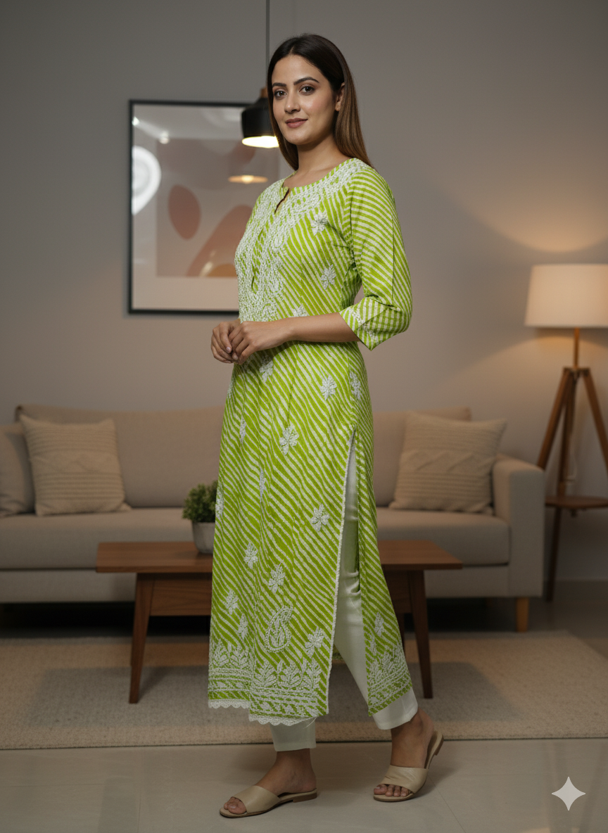 Women's Green & White Striped Chikankari Embroidered Cotton Kurti - 3/4 Sleeve Casual Kurta with Traditional Lucknowi Embroidery