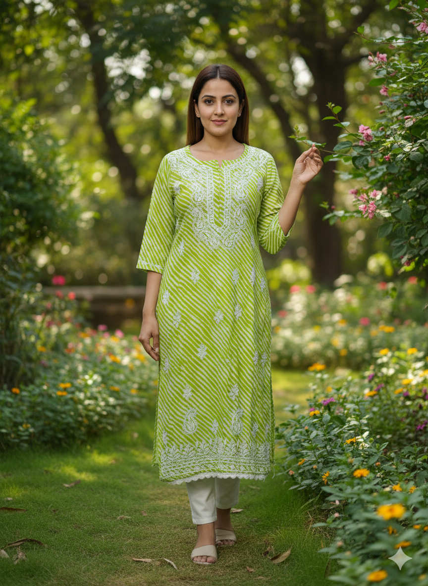 Women's Green & White Striped Chikankari Embroidered Cotton Kurti - 3/4 Sleeve Casual Kurta with Traditional Lucknowi Embroidery