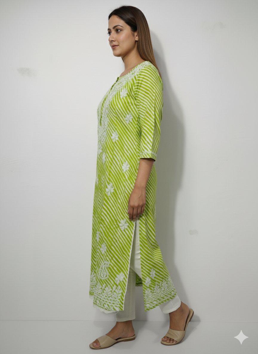 Women's Green & White Striped Chikankari Embroidered Cotton Kurti - 3/4 Sleeve Casual Kurta with Traditional Lucknowi Embroidery