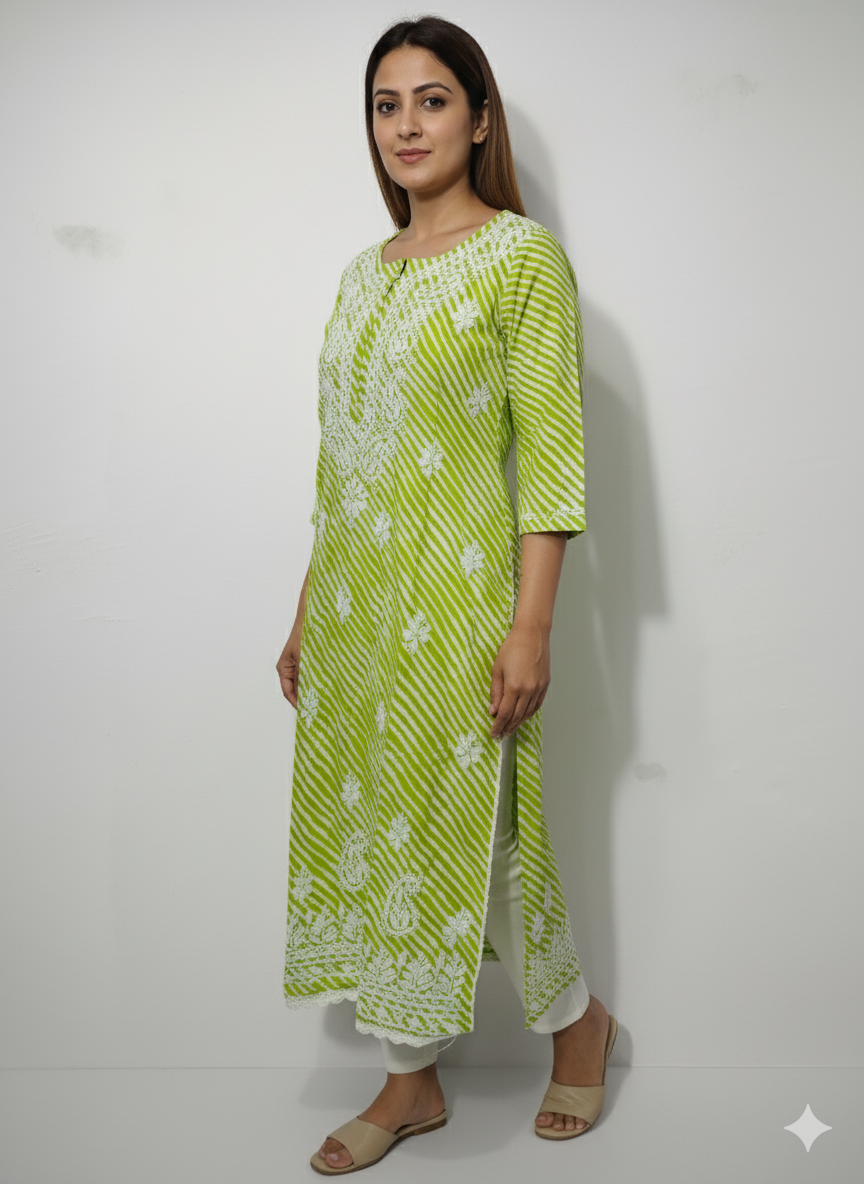 Women's Green & White Striped Chikankari Embroidered Cotton Kurti - 3/4 Sleeve Casual Kurta with Traditional Lucknowi Embroidery
