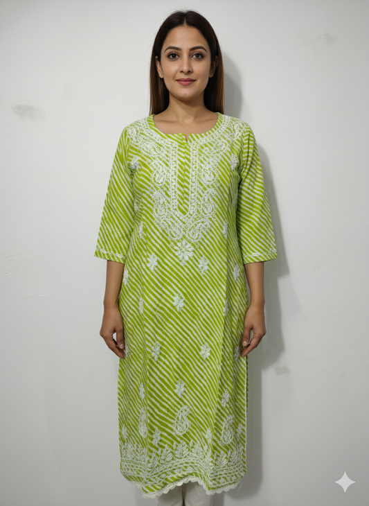 Green and white cotton Chikankari kurti embroidery close up