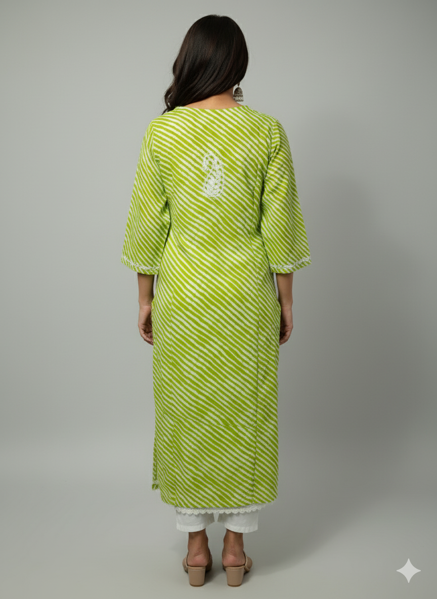Women's Green & White Striped Chikankari Embroidered Cotton Kurti - 3/4 Sleeve Casual Kurta with Traditional Lucknowi Embroidery
