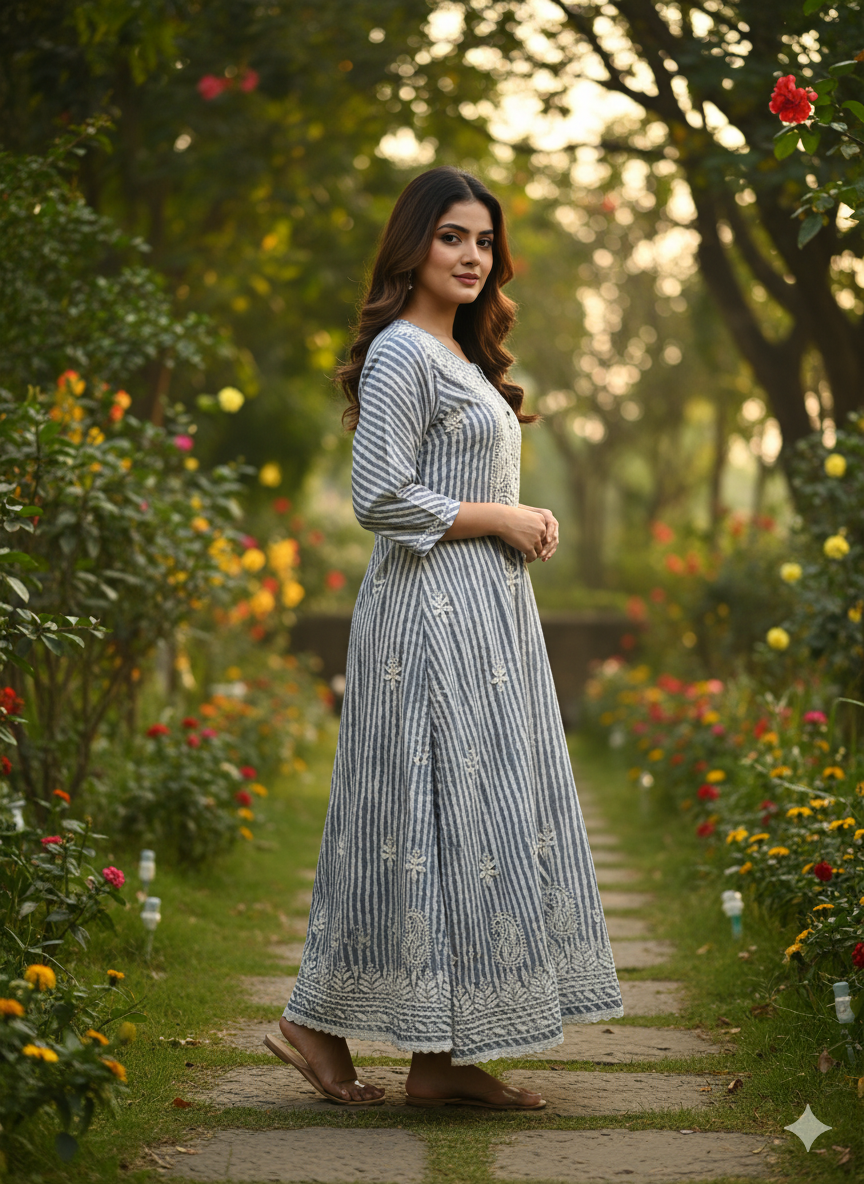 "Grey Reyon Cotton Chikankari Kurti with White Hand Embroidery | Lucknowi Ethnic Wear for Women"