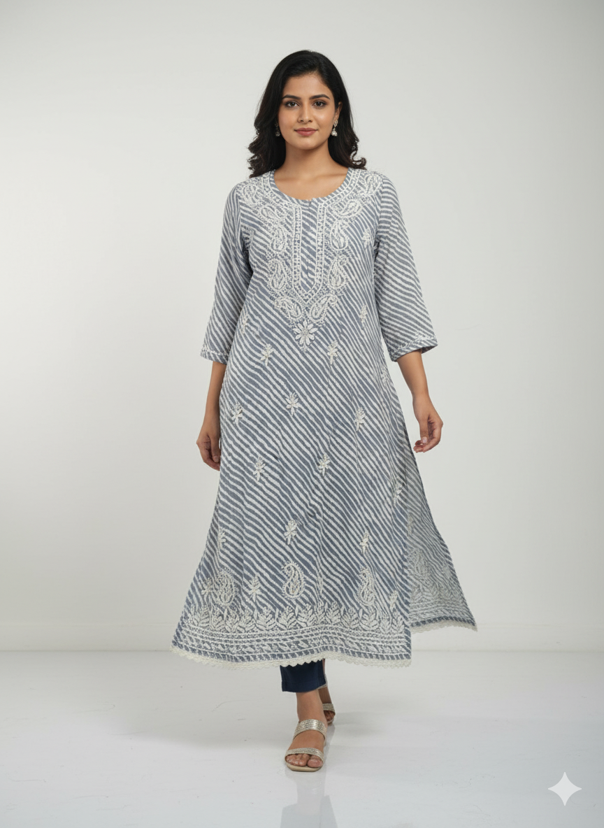 "Grey Reyon Cotton Chikankari Kurti with White Hand Embroidery | Lucknowi Ethnic Wear for Women"