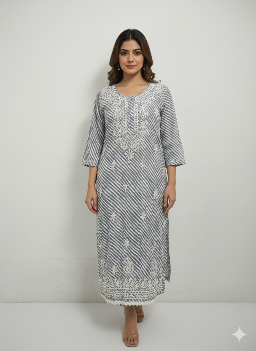 "Grey Reyon Cotton Chikankari Kurti with White Hand Embroidery | Lucknowi Ethnic Wear for Women"