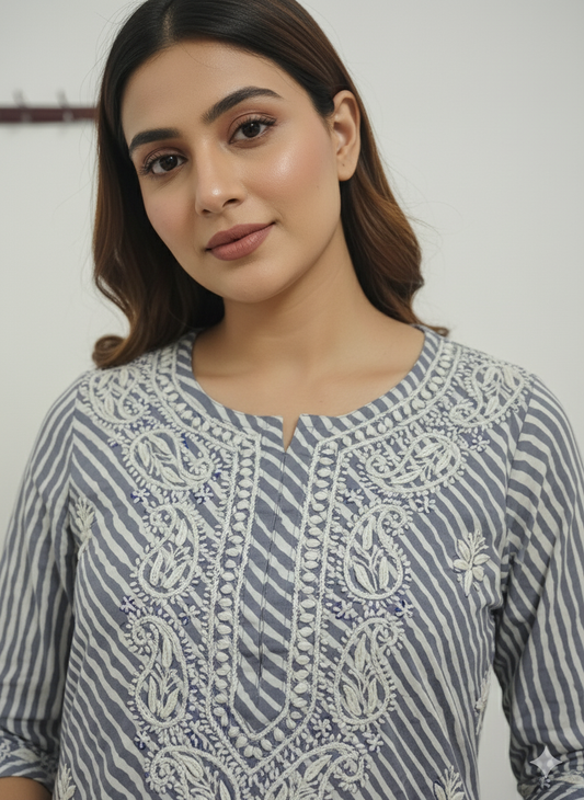 "Grey Reyon Cotton Chikankari Kurti with White Hand Embroidery | Lucknowi Ethnic Wear for Women"