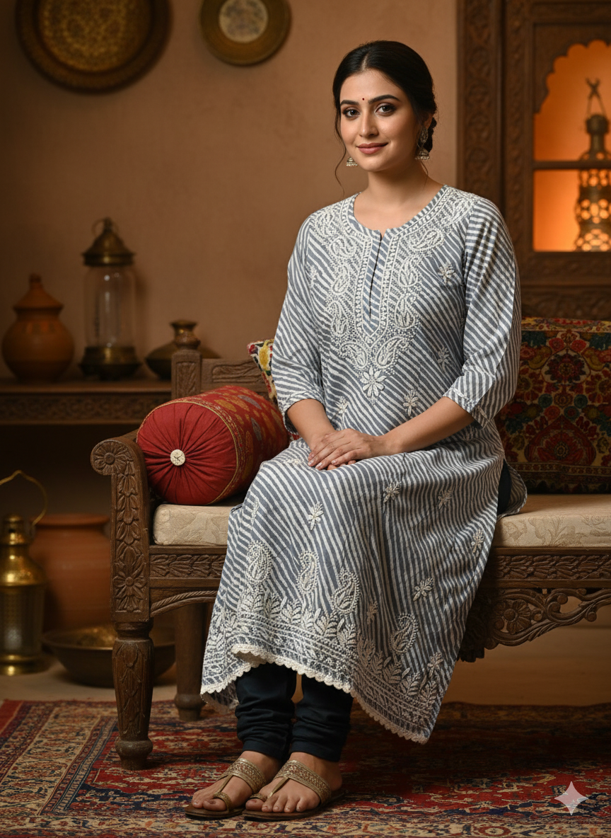 "Grey Reyon Cotton Chikankari Kurti with White Hand Embroidery | Lucknowi Ethnic Wear for Women"