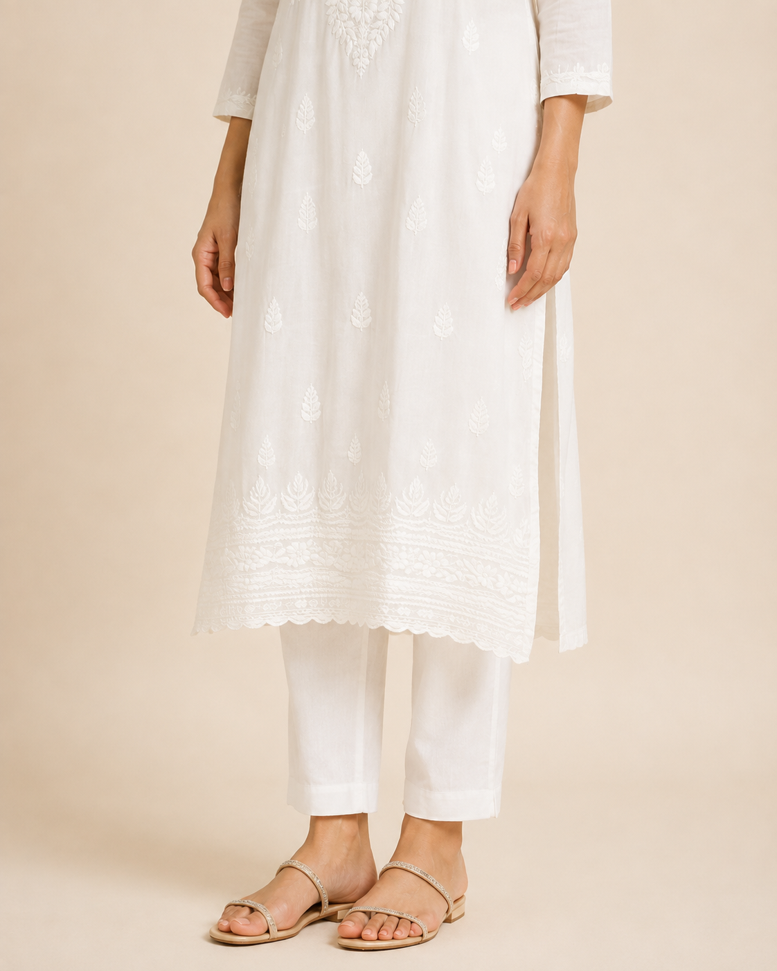 Ivory White Rayon Lucknowi Chikankari Kurti – Handmade