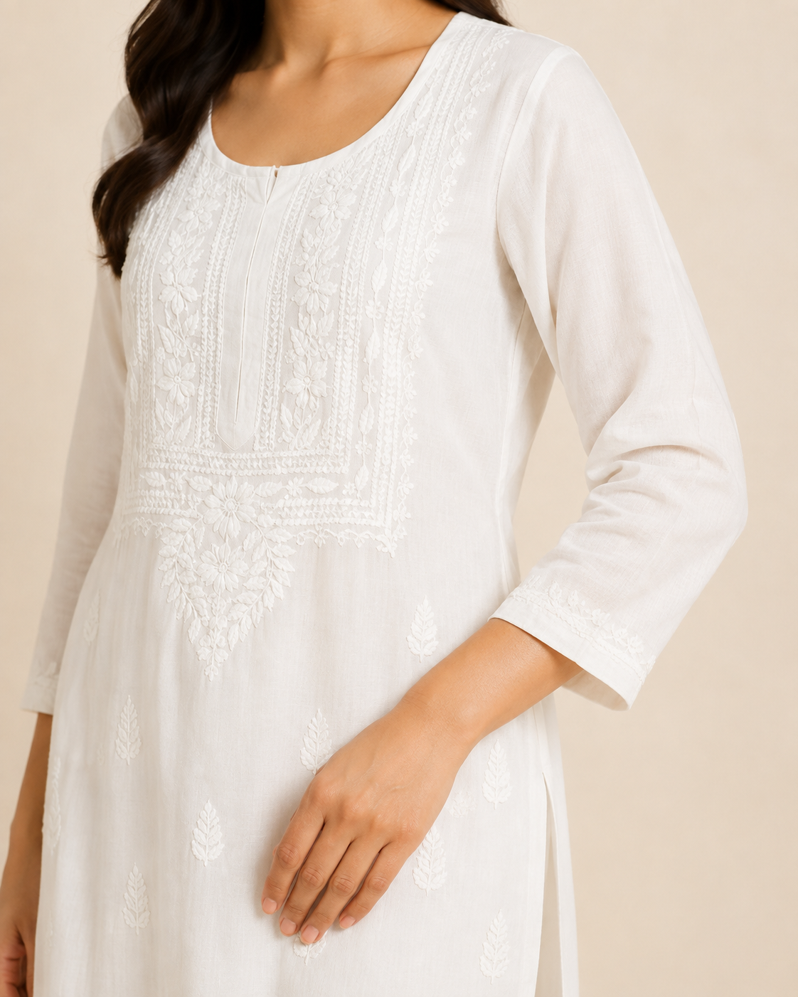 Ivory White Rayon Lucknowi Chikankari Kurti – Handmade
