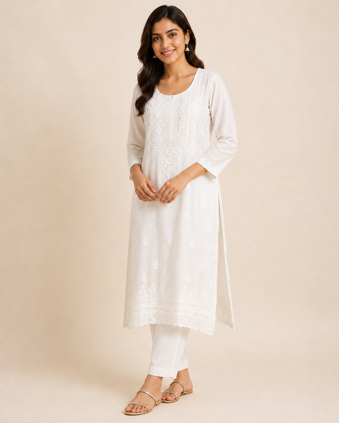 Ivory White Rayon Lucknowi Chikankari Kurti – Handmade