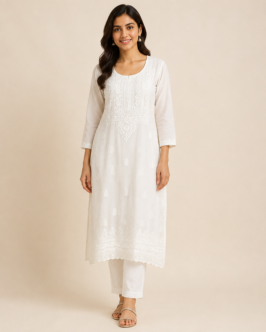 Ivory White Rayon Lucknowi Chikankari Kurti – Handmade