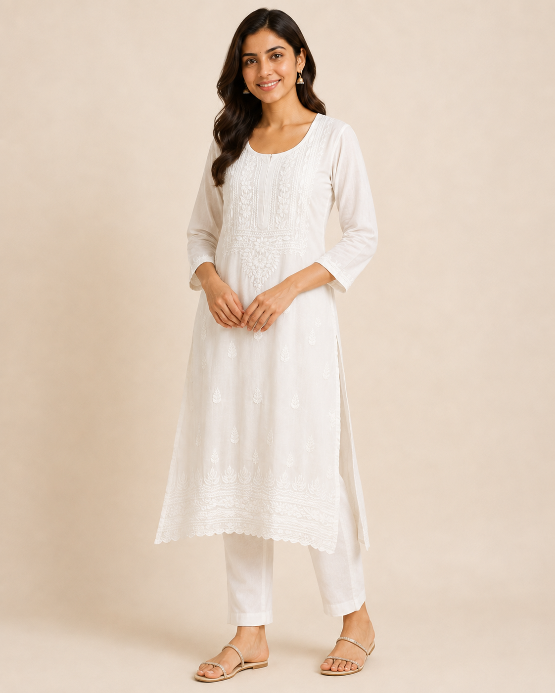 Ivory White Rayon Lucknowi Chikankari Kurti – Handmade