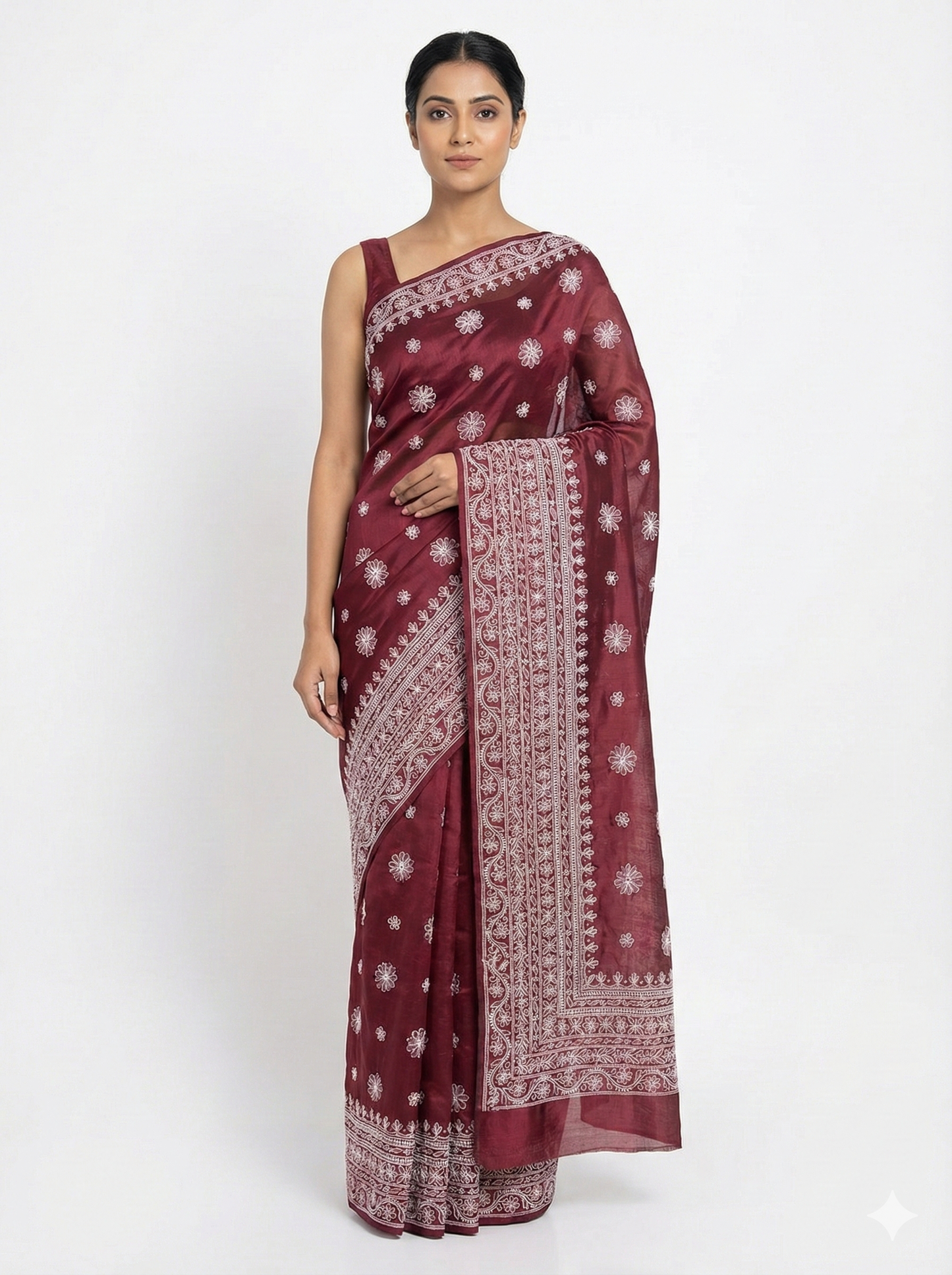 Wine Maroon Chanderi Chikankari Embroidered Saree with Handcrafted White Floral Work