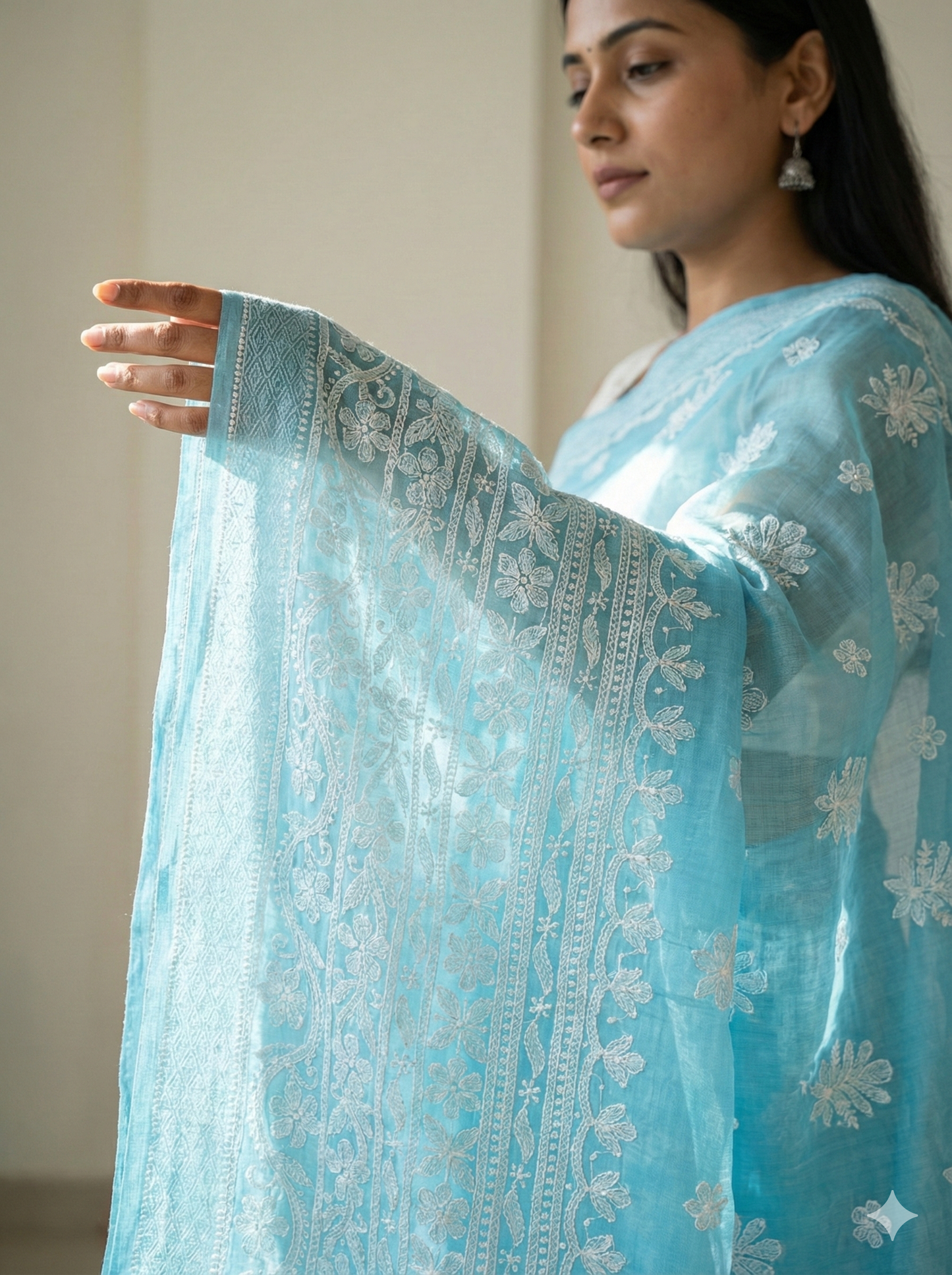 Sky Blue Chanderi Chikankari Saree with Hand Embroidery | Lucknow Best Chikankari
