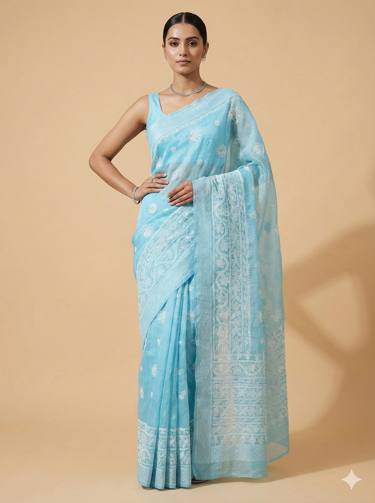 Sky Blue Chanderi Chikankari Saree with Hand Embroidery | Lucknow Best Chikankari
