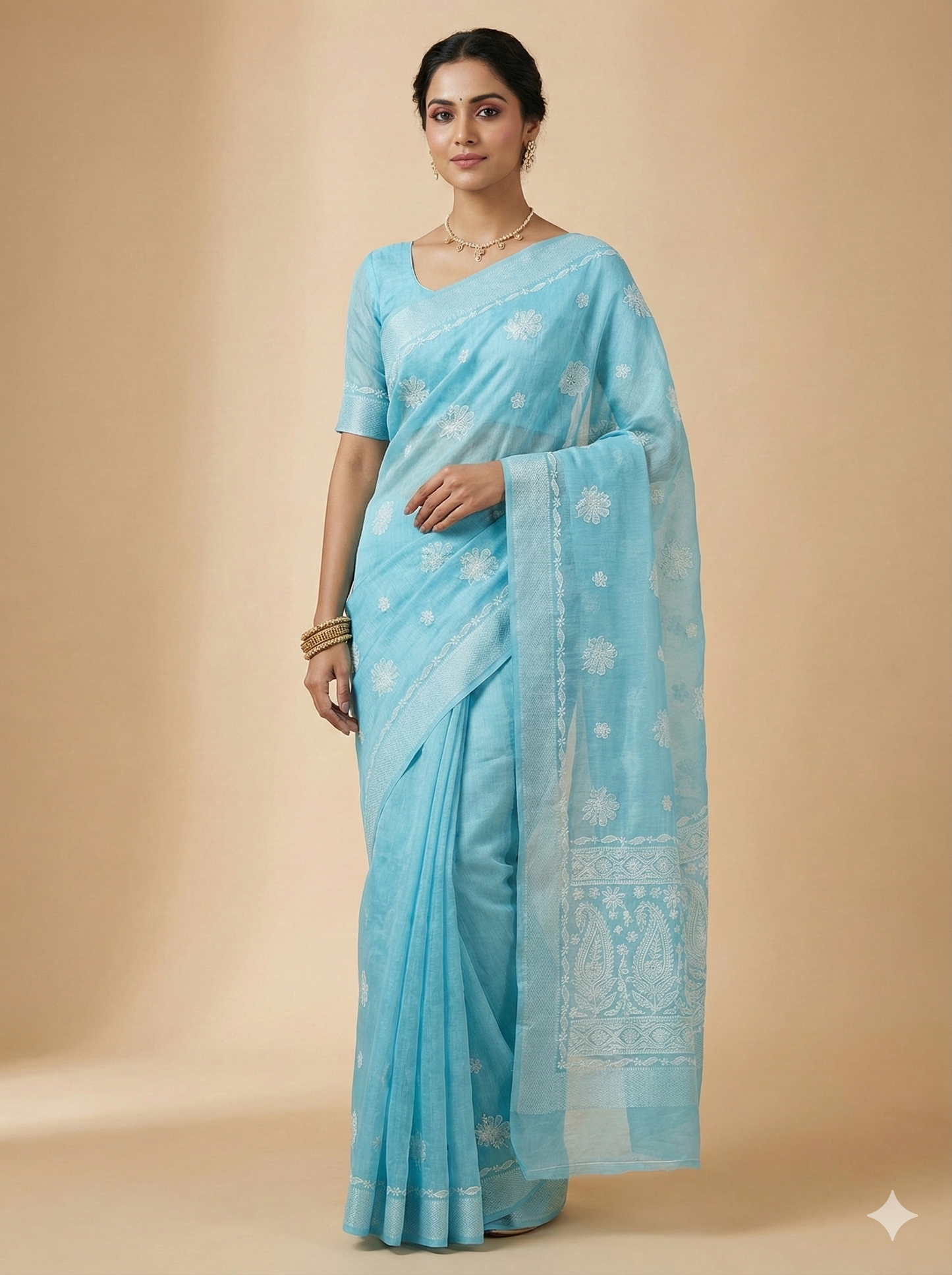 Sky Blue Chanderi Chikankari Saree with Hand Embroidery | Lucknow Best Chikankari